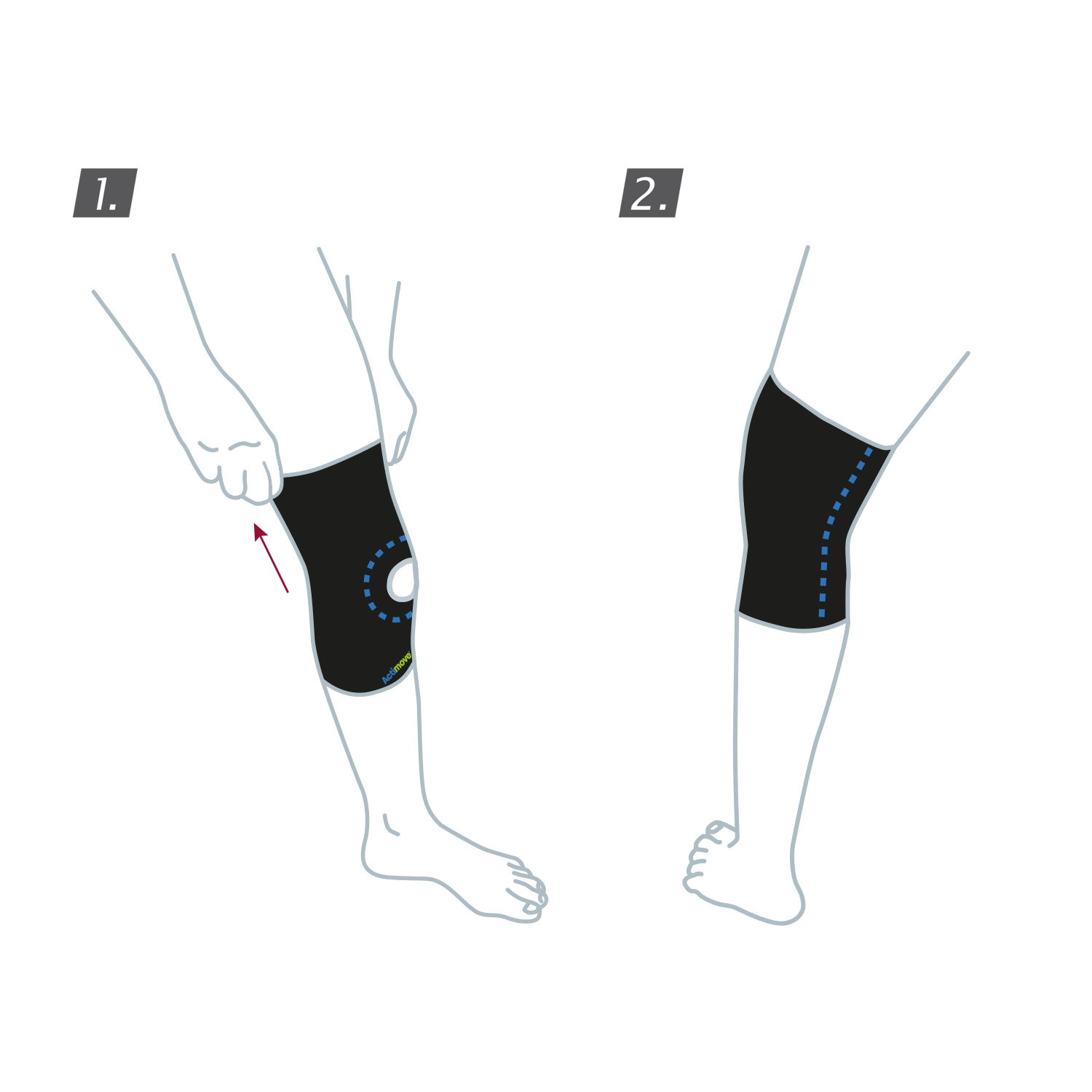 How to put on the Actimove Sports Edition Knee Support Open Patella: Pull the knee support up your leg and over your knee
 How to put on the Actimove Sports Edition Knee Support Open Patella: Pull the knee support up your leg and over your knee